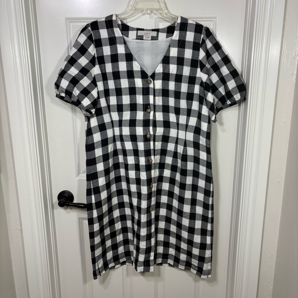 LOFT Black and White Gingham Button Detail V-neck Cotton Midi Dress Women’s 14